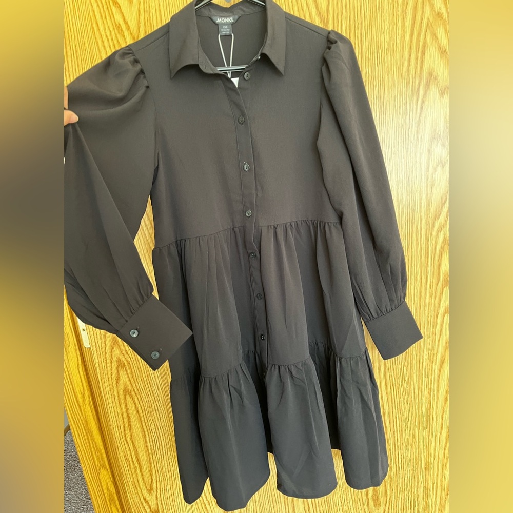 Monki black ruffle drip waist mini dress long sleeve